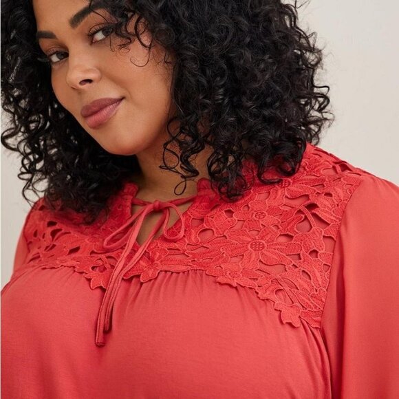 Torrid - Super Soft Chiffon Sleeve Lace Inset Tie Detail Top in Baked Apple - Picture 12 of 13